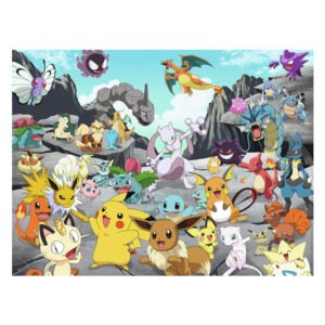 Groepsafbeelding van eerste generatie Pokémon met Pikachu, Charizard, Mewtwo en meer op een rotsachtig landschap van ravensburger