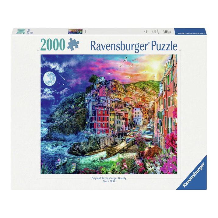 Ravensburger puzzel van 2000 stukjes met een kleurrijke afbeelding van Cinque Terre bij maanlicht Ravensburger Legpuzzel Farbenfrohe Cinque Terre, 2000st.