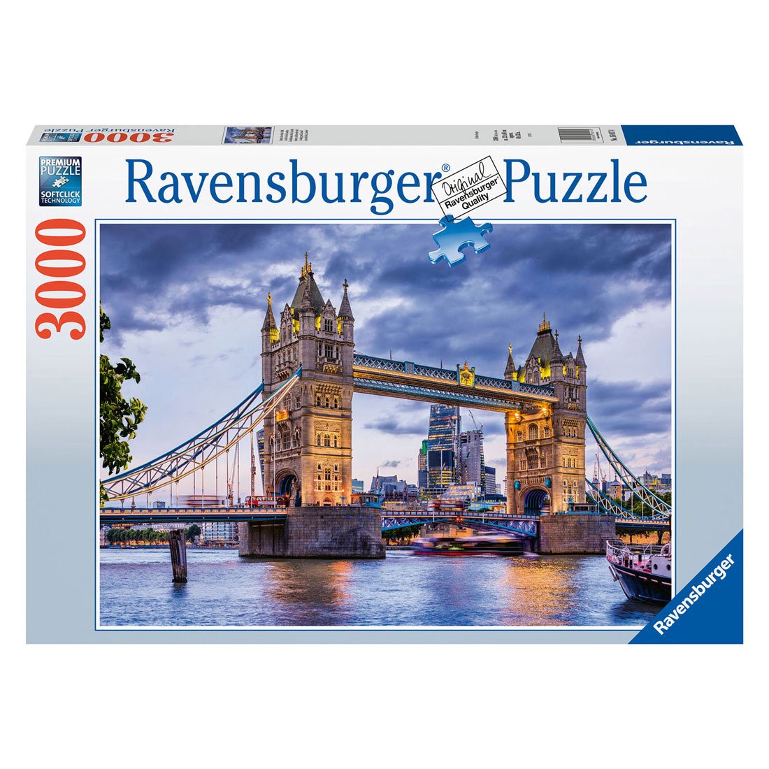 ravensburger-puzzel-3000-stuks-tower-bridge-londen Ravensburger puzzel van 3000 stukjes met afbeelding van de verlichte Tower Bridge in Londen Ravensburger Legpuzzel Londen Schitterende Stad, 3000st.