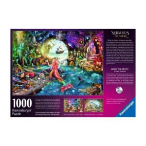 Achterzijde van Ravensburger puzzeldoos met beschrijving en kunstwerk van zeemeermin en schatten