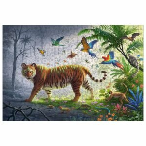 Voltooide Ravensburger puzzel met tijger, papegaaien en tropische jungle