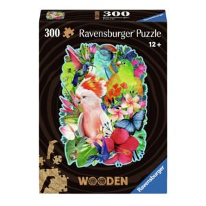 Ravensburger houten legpuzzel Beautiful Birds met 300 stukjes met kleurrijke tropische vogels op de doos