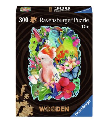 Ravensburger houten legpuzzel Beautiful Birds met 300 stukjes met kleurrijke tropische vogels op de doos