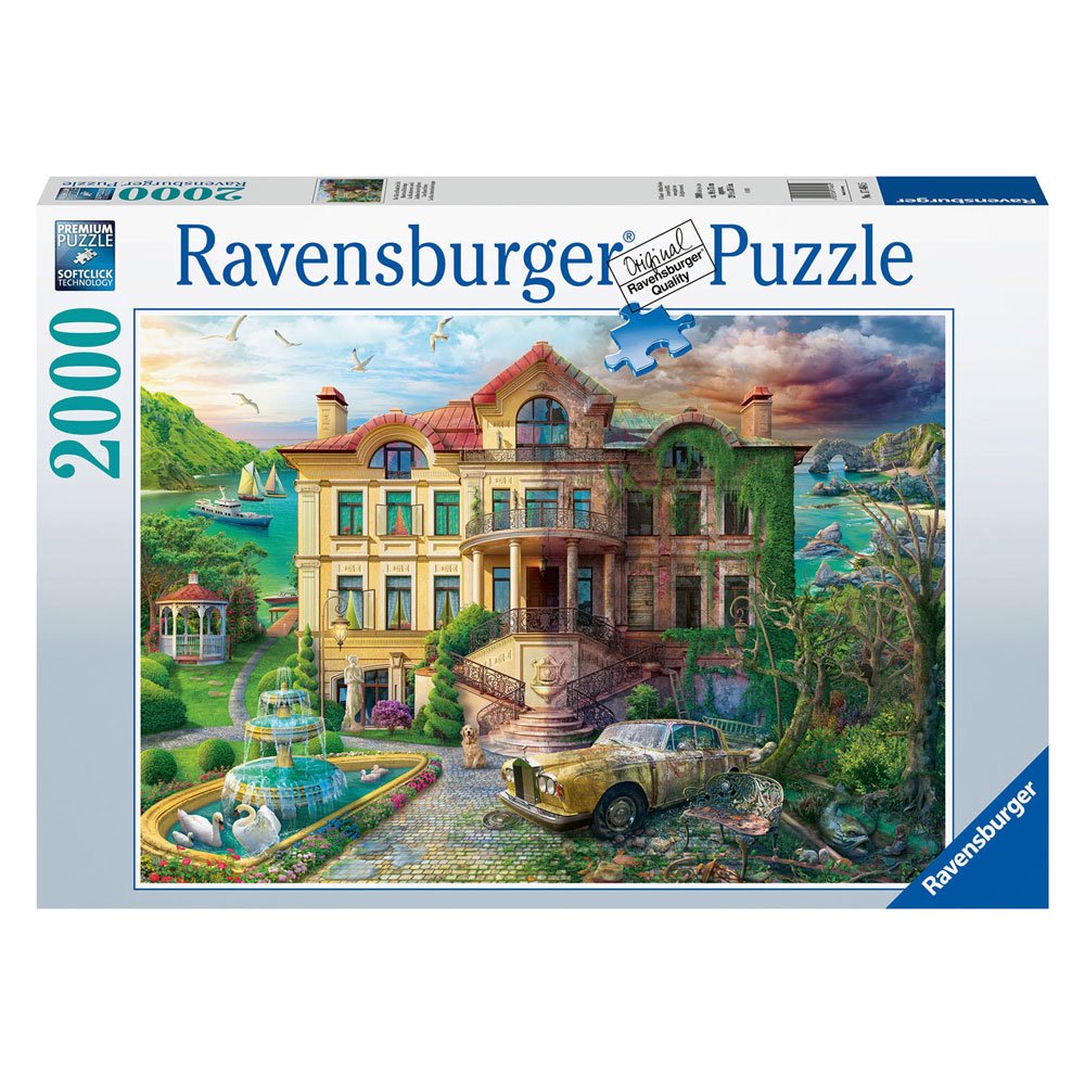 Ravensburger puzzel van een villa met contrast tussen luxe en verval Ravensburger Legpuzzel Landhuis Door de Tijd Heen, 2000st.