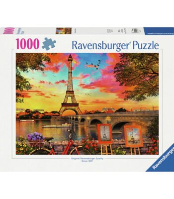 Ravensburger legpuzzel Parijs puzzeldoos met afbeelding van Eiffeltoren bij zonsondergang