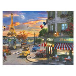 Romantisch straatbeeld in Parijs met Eiffeltoren bij zonsondergang en Franse brasserie van ravensburger