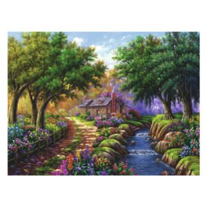 Schilderachtige bosrijke scène met bloemen, beekje en huisje in de lentezon van ravensburger