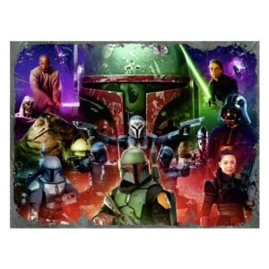 Collage van Star Wars-personages met Boba Fett centraal, omringd door iconische helden en schurken van ravensburger