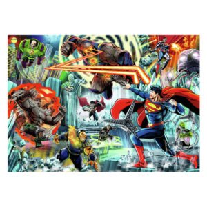 Actieve Superman stripscène met gevecht tegen supervillains in kleurrijke ijsachtige omgeving van Ravensburger