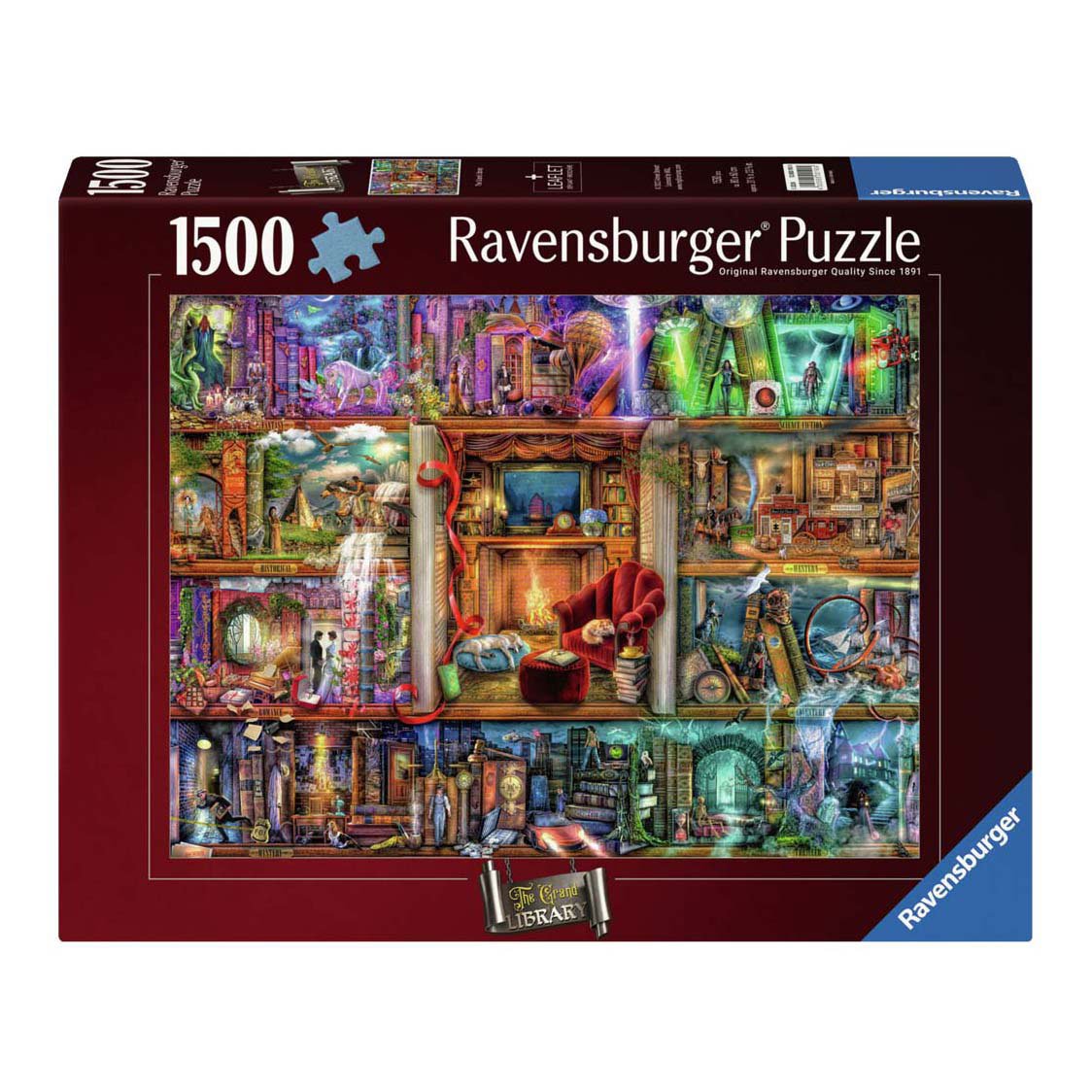 ravensburger-the-grand-library-puzzeldoos-1500-stukjes Ravensburger puzzeldoos met kleurrijk fantasie ontwerp van 'The Grand Library' met 1500 stukjes Ravensburger Legpuzzel De Grote Bibliotheek, 1500st.
