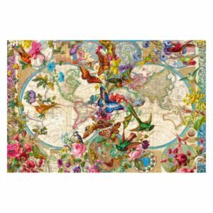 Vintage wereldkaart met kleurrijke bloemen, vlinders en vogels als kunstzinnig puzzelontwerp van ravensburger
