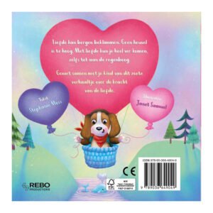 Achterkant kinderboek met illustratie van hondje in luchtballon en hartvormige ballonnen met tekst over liefde.