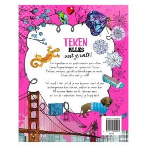 Achterkant van het creatieve tekenboek ‘Teken alles wat je wilt’ met kleurrijke illustraties en beschrijving van meer dan 100 tekenideeën
