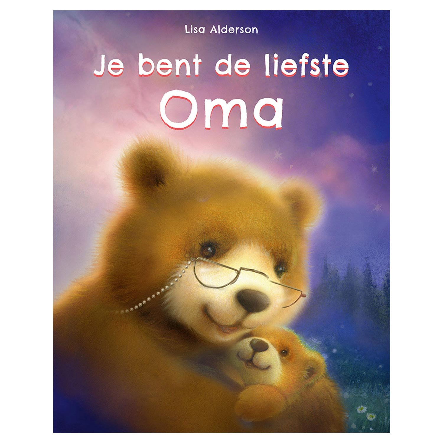 rebo-publishers-je-bent-de-liefste-oma-beren-voorleesboek-cover Omslag van kinderboek 'Je bent de liefste Oma' met een illustratie van een knuffelende berenoma en berennkleinkind tegen een dromerige paarse achtergrond Je Bent de Liefste Oma