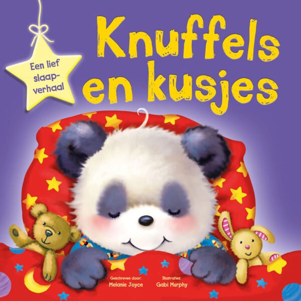 Schattige illustratie van een slapende panda met knuffels onder een sterren-deken op de cover van het kinderboek "Knuffels en kusjes" Knuffels en Kusjes