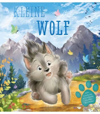 Vrolijke kleine wolf rent door een kleurrijk boslandschap met bergen op de achtergrond Kleine Wolf