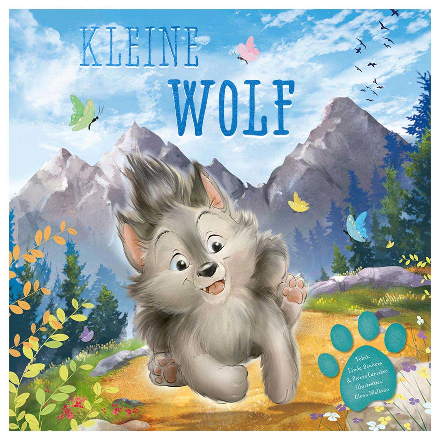 rebo-publishers-kleine-wolf-prentenboek-illustratie-berglandschap Vrolijke kleine wolf rent door een kleurrijk boslandschap met bergen op de achtergrond Kleine Wolf