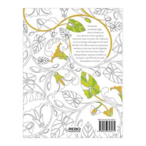 Achterkant van kleurboek Wonderful Nature met botanische lijntekeningen en groene accenten