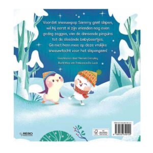 Vrolijke sneeuwlandschap met een pinguïn en sneeuwpop in winterkleding uit kinderboek