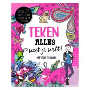Voorkant van het boek ‘Teken alles wat je wilt’ met kleurrijke tekeningen, tips en technieken voor ruim 100 creatieve tekenideeën Teken Alles Wat je Wilt