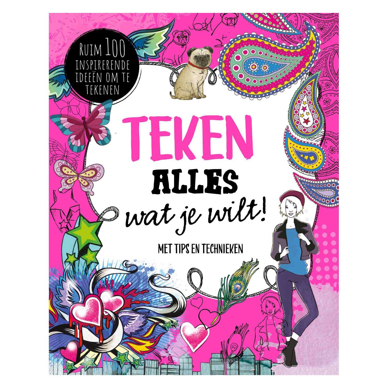 rebo-publishers-voorkant-tekenboek-teken-alles-wat-je-wilt-inspirerende-tips Voorkant van het boek ‘Teken alles wat je wilt’ met kleurrijke tekeningen, tips en technieken voor ruim 100 creatieve tekenideeën Teken Alles Wat je Wilt