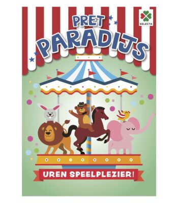 Kleurrijke kermisposter met dieren op een draaimolen en de tekst "Pret Paradijs" Pret Paradijs Doeboek