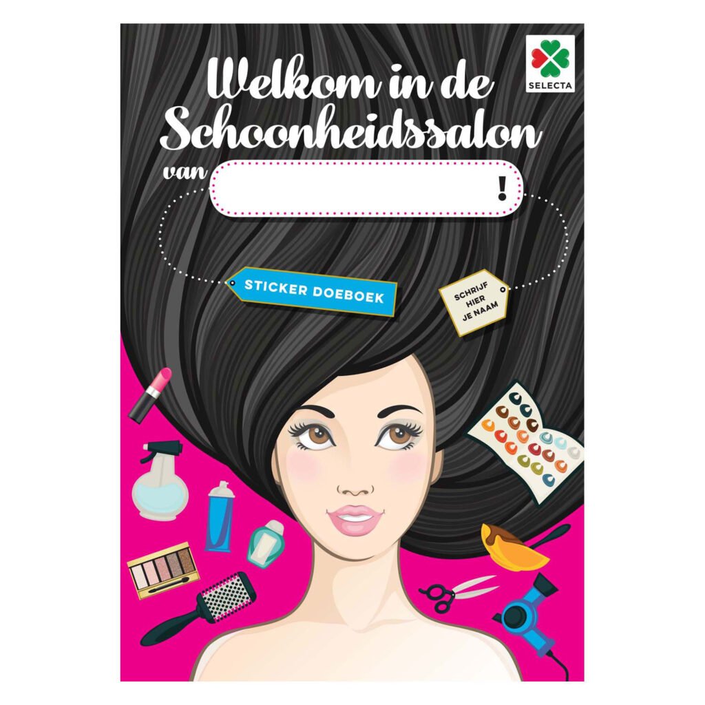 Sticker doeboek voor kinderen met beautysalon thema en kleurrijke beautytools op roze achtergrond Welkom in Mijn Schoonheindssalon Stickerboek