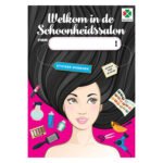 Sticker doeboek voor kinderen met beautysalon thema en kleurrijke beautytools op roze achtergrond Welkom in Mijn Schoonheindssalon Stickerboek