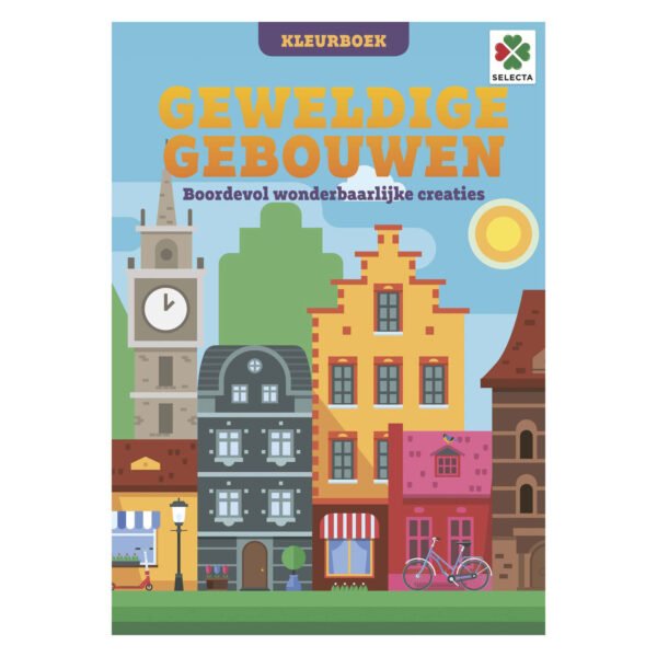 Kleurboek cover met kleurrijke illustraties van opvallende gebouwen en een fiets Geweldige Gebouwen Kleurboek