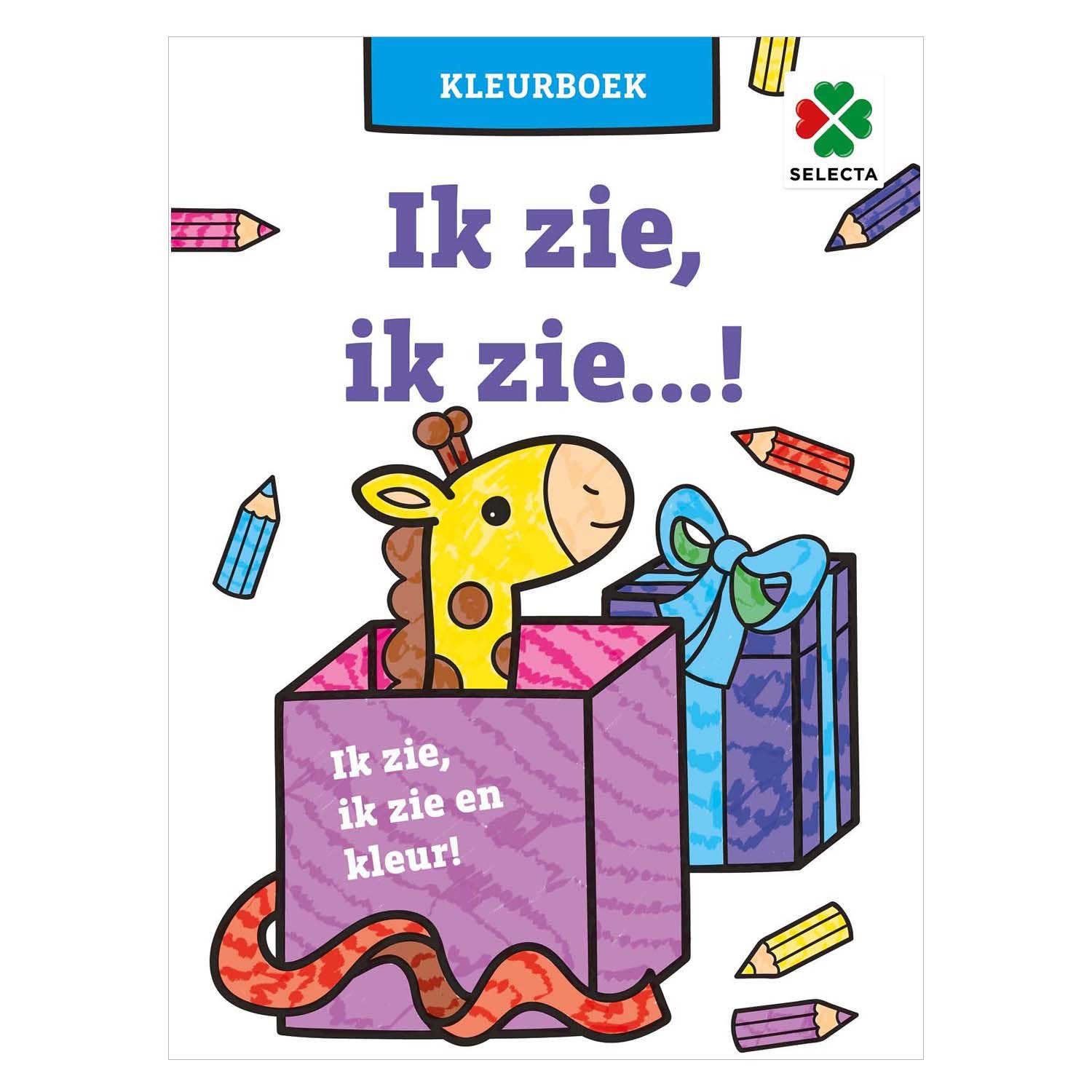 selecta-tactic-kleurboek-kinderen-giraffe-cadeau-ik-zie Kleurboek voor kinderen met giraffe in cadeauverpakking en kleurrijke potloden – "Ik zie, ik zie...!" van Selecta Ik Zie, ik Zie! Kleurboek