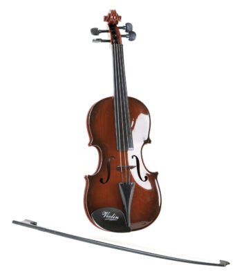 Donkerbruine Small Foot houten klassieke kinder viool met strijkstok tegen een witte achtergrond