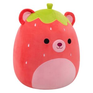 Pluche Squishmallow beer in aardbei-stijl met groene kroon en roze buik