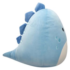 Zachte blauwe Squishmallow dino knuffel zijaanzicht met stekels