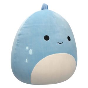 Schattige blauwe Squishmallow dino knuffel met glimlachend gezicht