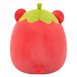 Pluche Squishmallow knuffel in aardbei-design, achterkant zichtbaar met groene top