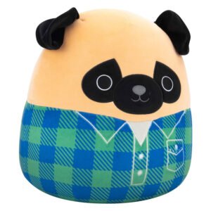 Squishmallow knuffel in de vorm van een mopshond met zwart gezicht en blauw-groen geruit hemd