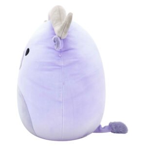 Zijaanzicht van paarse Squishmallow buffel knuffel met grijze hoorns