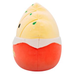 Zijaanzicht van Squishmallows knuffel in de vorm van een knoflookbroodje met gele topping
