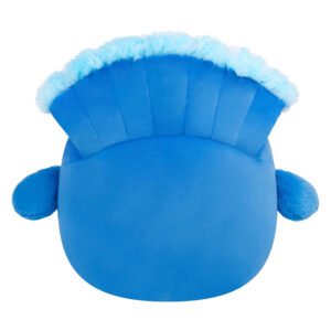 Pluche blauwe Squishmallows pinguïn knuffel van achteren met lichtblauwe hanenkam