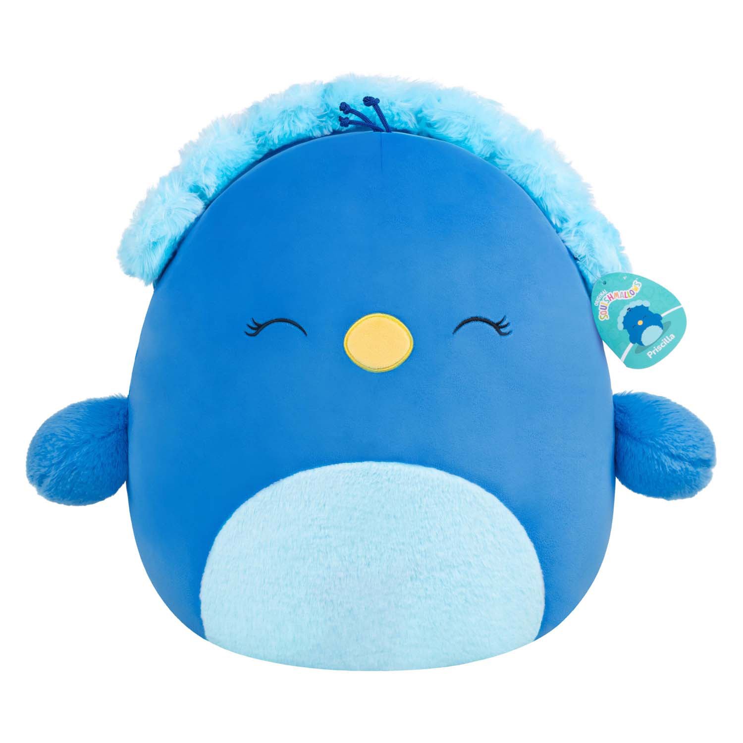squishmallows-pinguin-knuffel-vooraanzicht Vooraanzicht van Squishmallows pinguïn knuffel met label en gele snavel Squishmallows Knuffel Pluche - Priscilla the Blue Peacock - 40cm