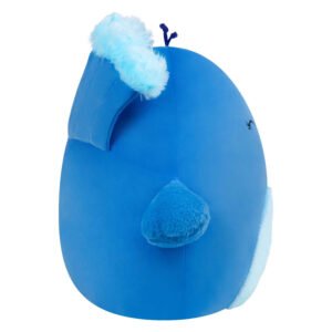 Zijaanzicht van blauwe Squishmallows pinguïn knuffel met pluizige vleugels en hanenkam