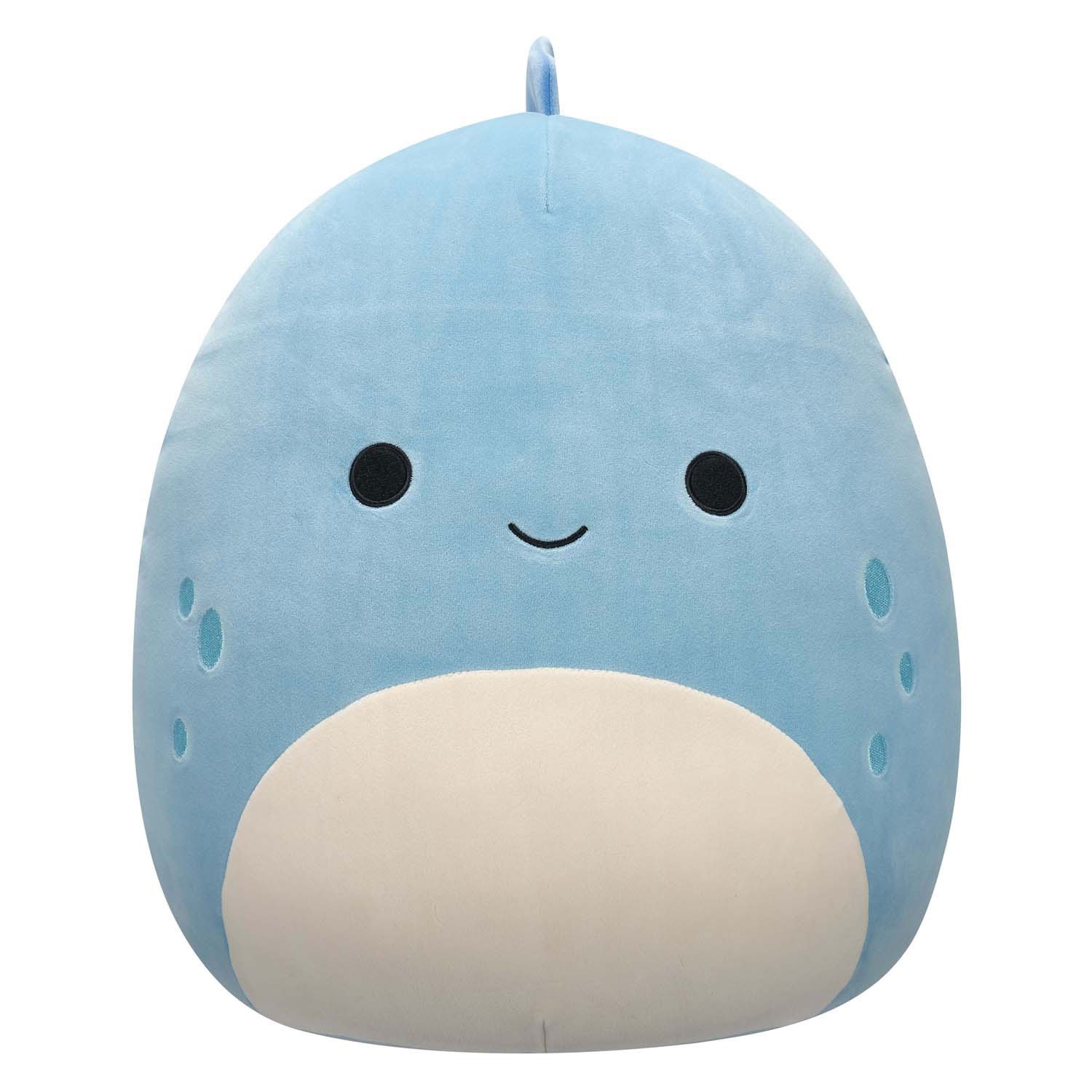 squishmallows-vooraanzicht-blauwe-dino-knuffel Vooraanzicht van blauwe Squishmallow dino met ronde buik Squishmallows Knuffel Pluche - John-John de Blauwe Dino, 40cm