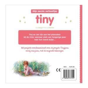 Achterkant kinderboek Tiny en Jan met korte samenvatting en illustratie van een meisje en een kat bij het gras