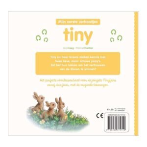 Achterkant van kinderboek "Tiny en de pony’s" met korte samenvatting en illustratie van drie konijntjes