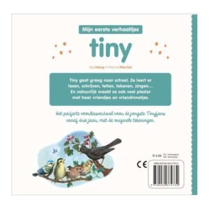 Achterkant kinderboek Tiny gaat naar school met samenvatting en illustratie van vogels op een tak
