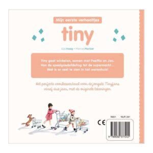 Achterkant van Tiny kinderboek met tekst over het winkelavontuur en illustratie van kinderen met winkelwagens