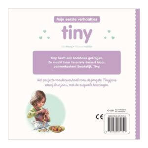 Achterkant van kinderboek Tiny leert koken met beschrijving en illustratie van Tiny die appels schilt