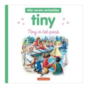 Voorkant kinderboek Tiny in het park met kleurrijke illustratie van spelende kinderen bij een vijver. Tiny in het Park