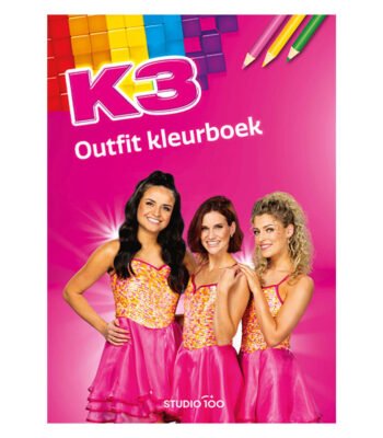 K3 outfit kleurboek met Hanne, Marthe en Julia op een roze achtergrond K3 Kleurboek Outfit