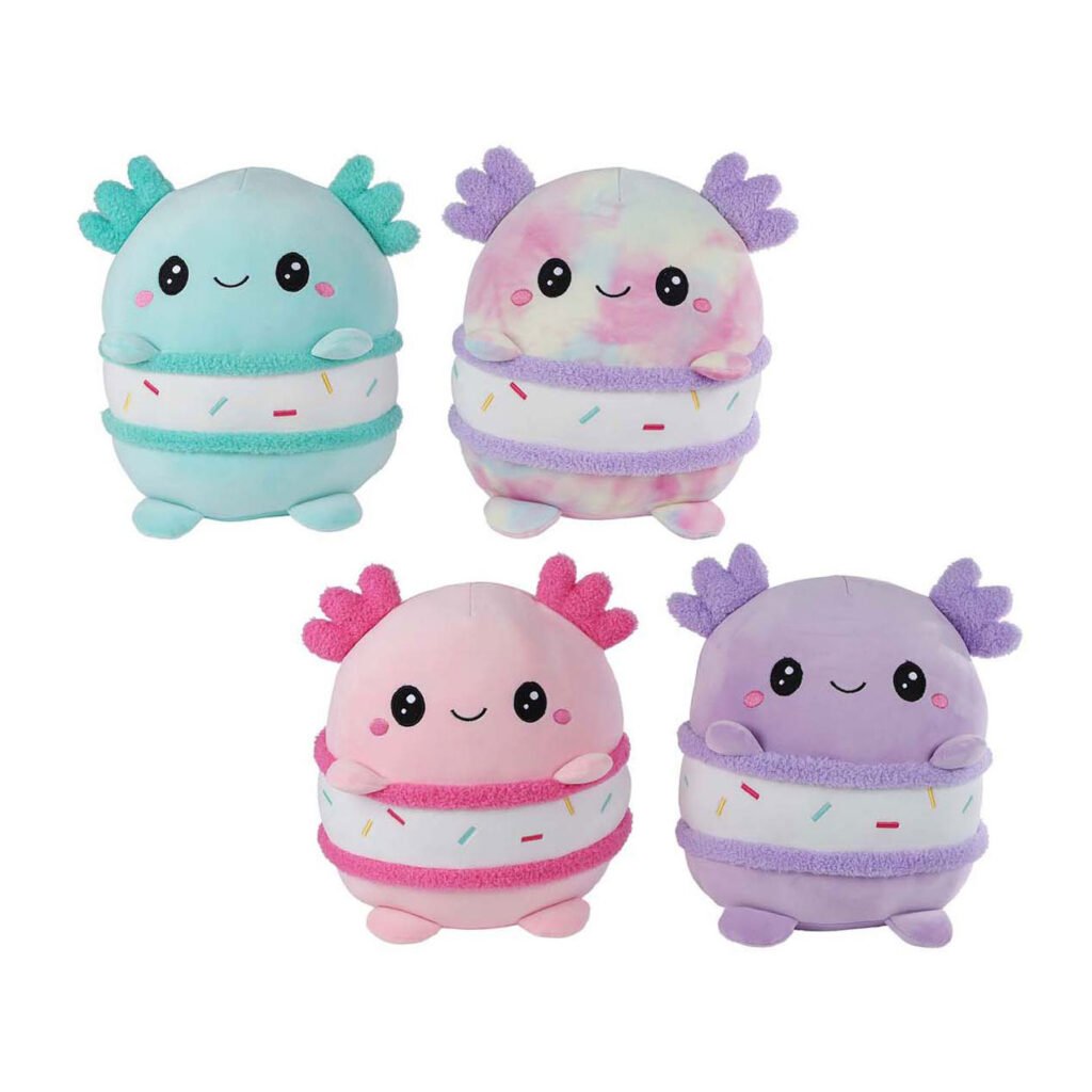 Vier kleurrijke axolotl knuffels in pastelkleuren met sprinkles en schattige gezichtjes Take Me Home Knuffel Pluche - Axolotl, 25cm